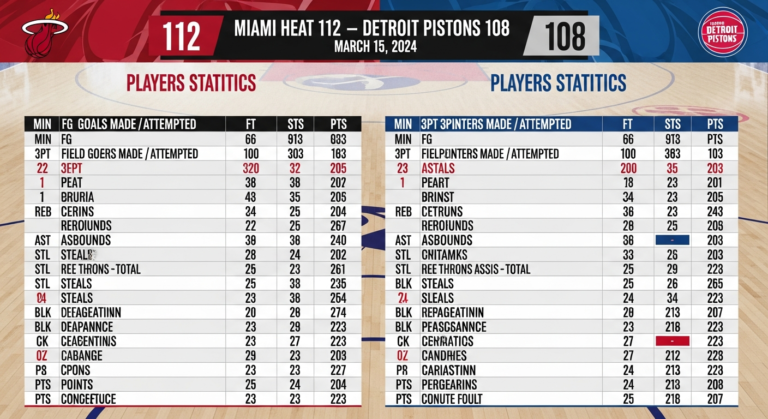 Miami Heat vs Detroit Pistons Match Player Stats