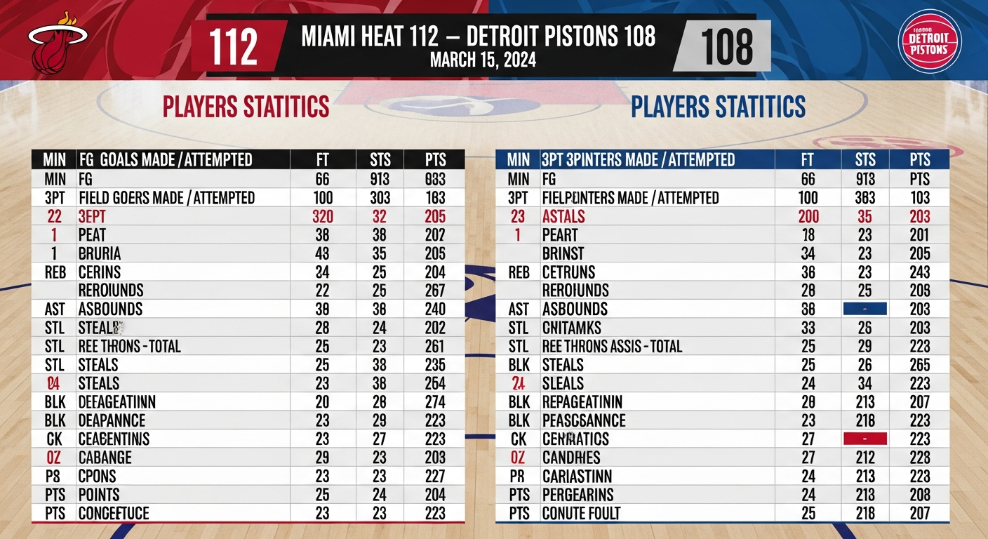 Miami Heat vs Detroit Pistons Match Player Stats